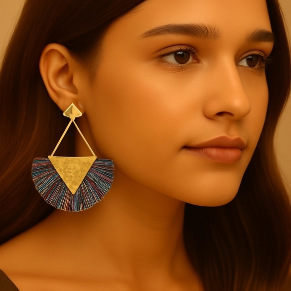 Boho Multicolor Fan Earrings w/ Gold tone Triangle Post Statement Women Jewelry - Picture 1 of 10